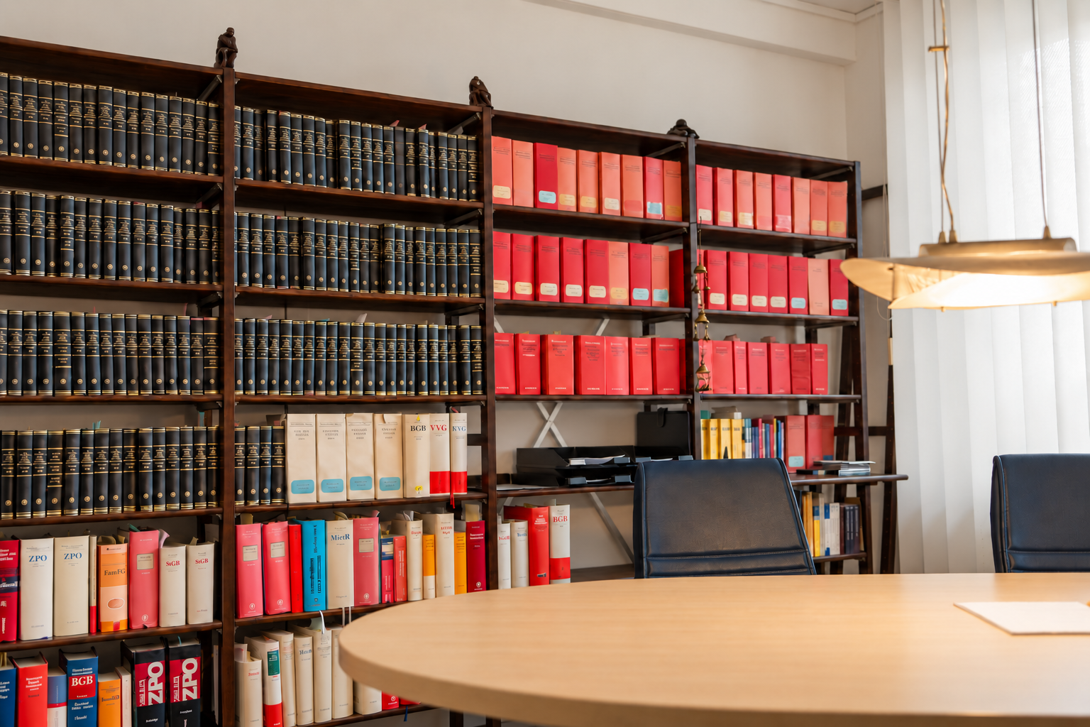 Besprechungstisch mit juristischer Bibliothek in der Kanzlei